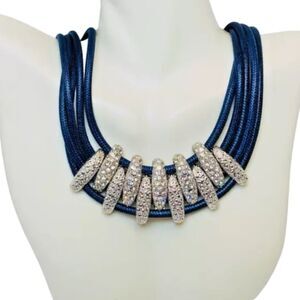 Vintage Navy Blue Rhinestone Layered Omega Necklace 18" Satin Statement Jewelry